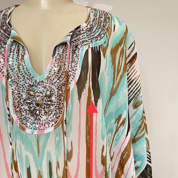 Anthropologie Beach Boho Hippie Embellished V-Neck Turquoise Tie Dye‎ kimono - Picture 12 of 13